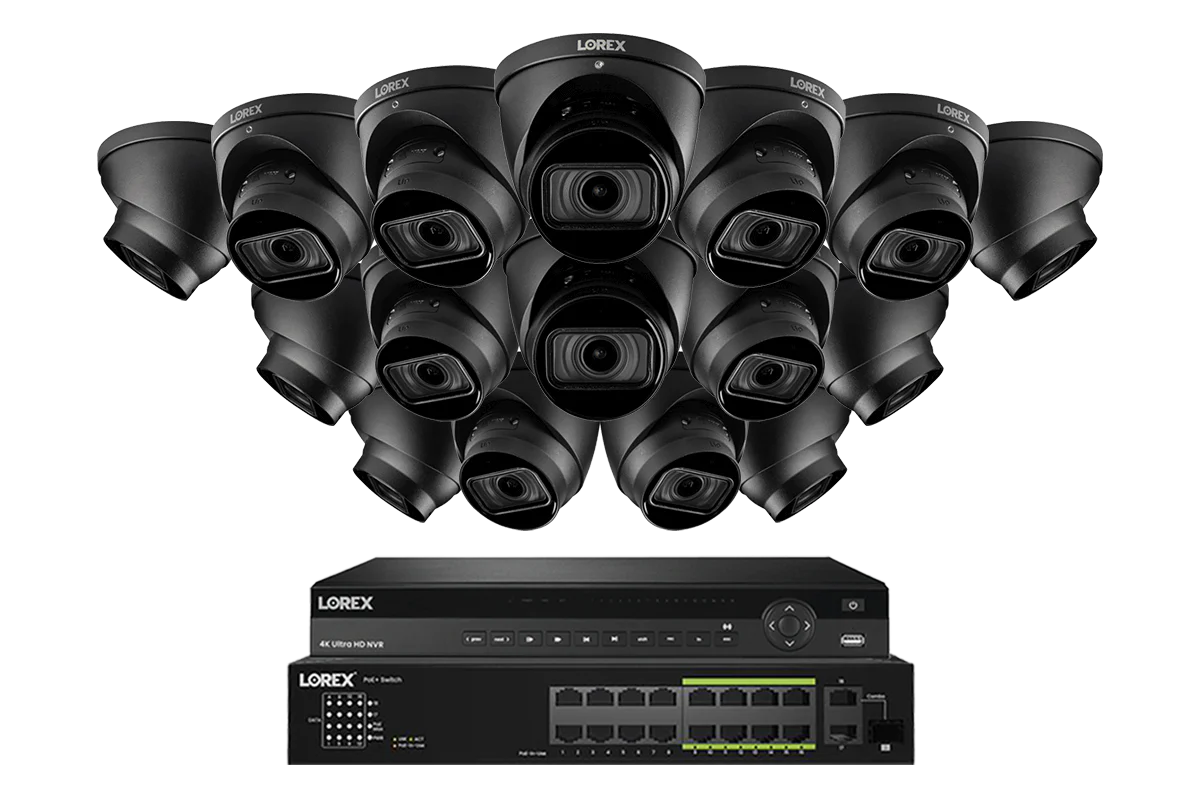 Lorex security camera system with multiple black cameras and a central control unit on a white background.