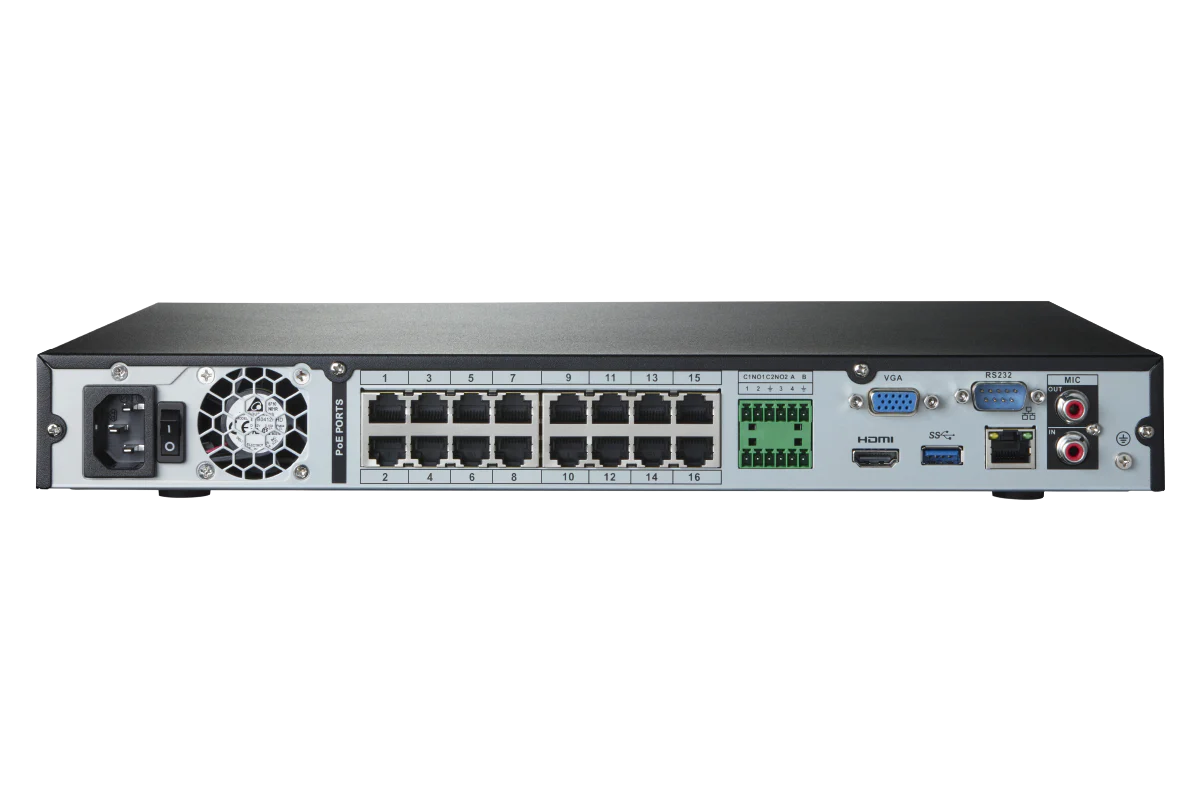 Network switch with multiple ports and connectors on a white background