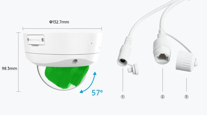 White security camera with green lens and measurements on a white background