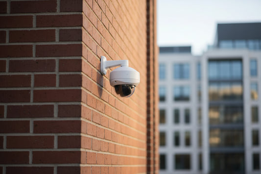 White security camera on a building
