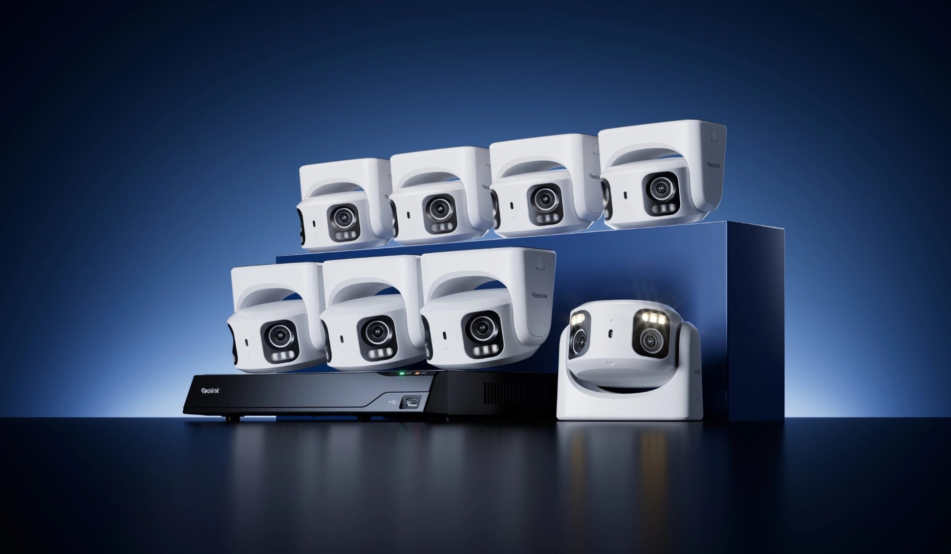 Set of security cameras and a central control unit on a dark background