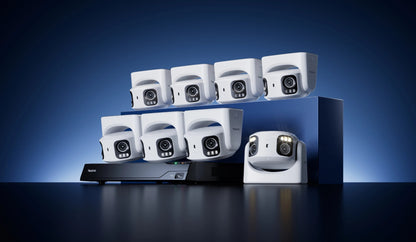 Set of security cameras and a central control unit on a dark background