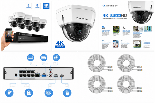 Amcrest 4K security camera system with 8 dome cameras, 8-channel NVR, and mobile remote viewing displayed on a smartphone.