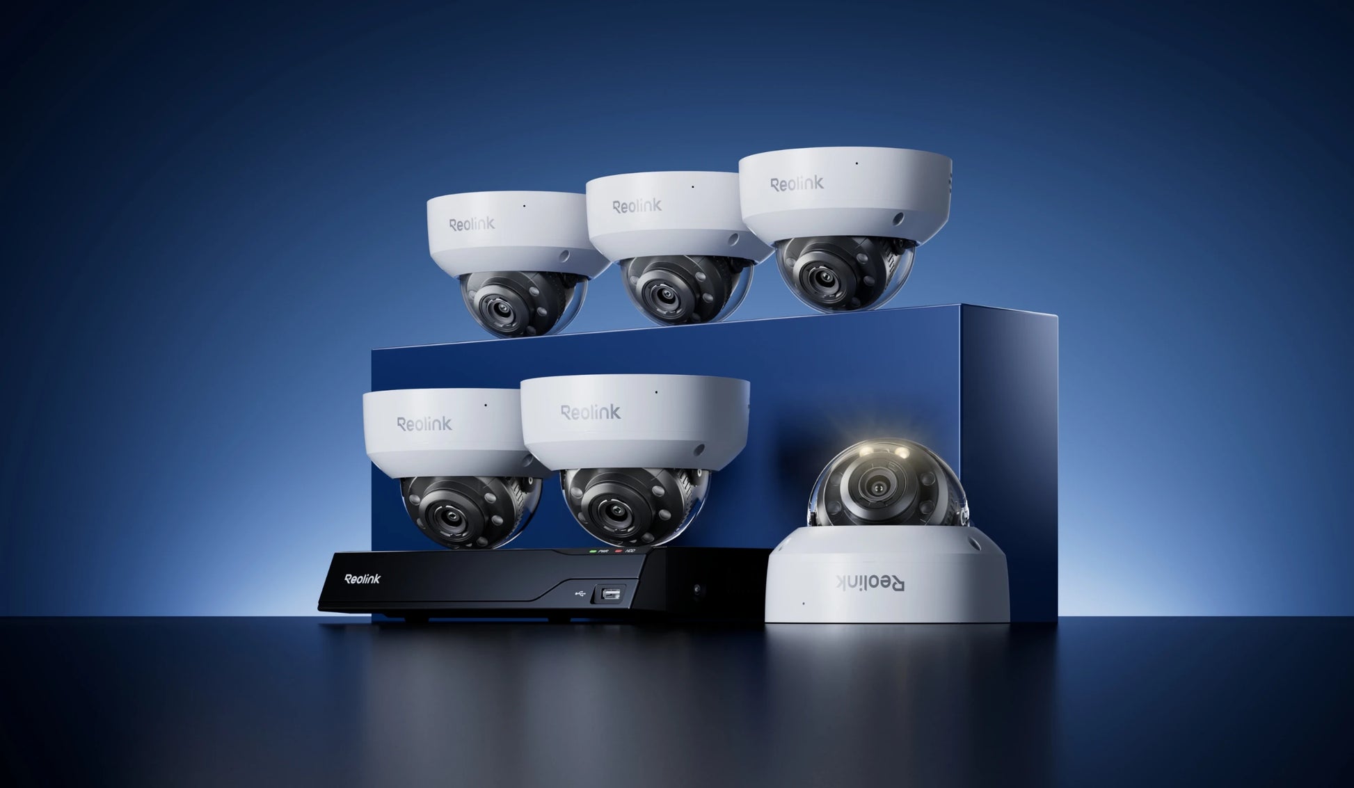 Set of security cameras with a blue background