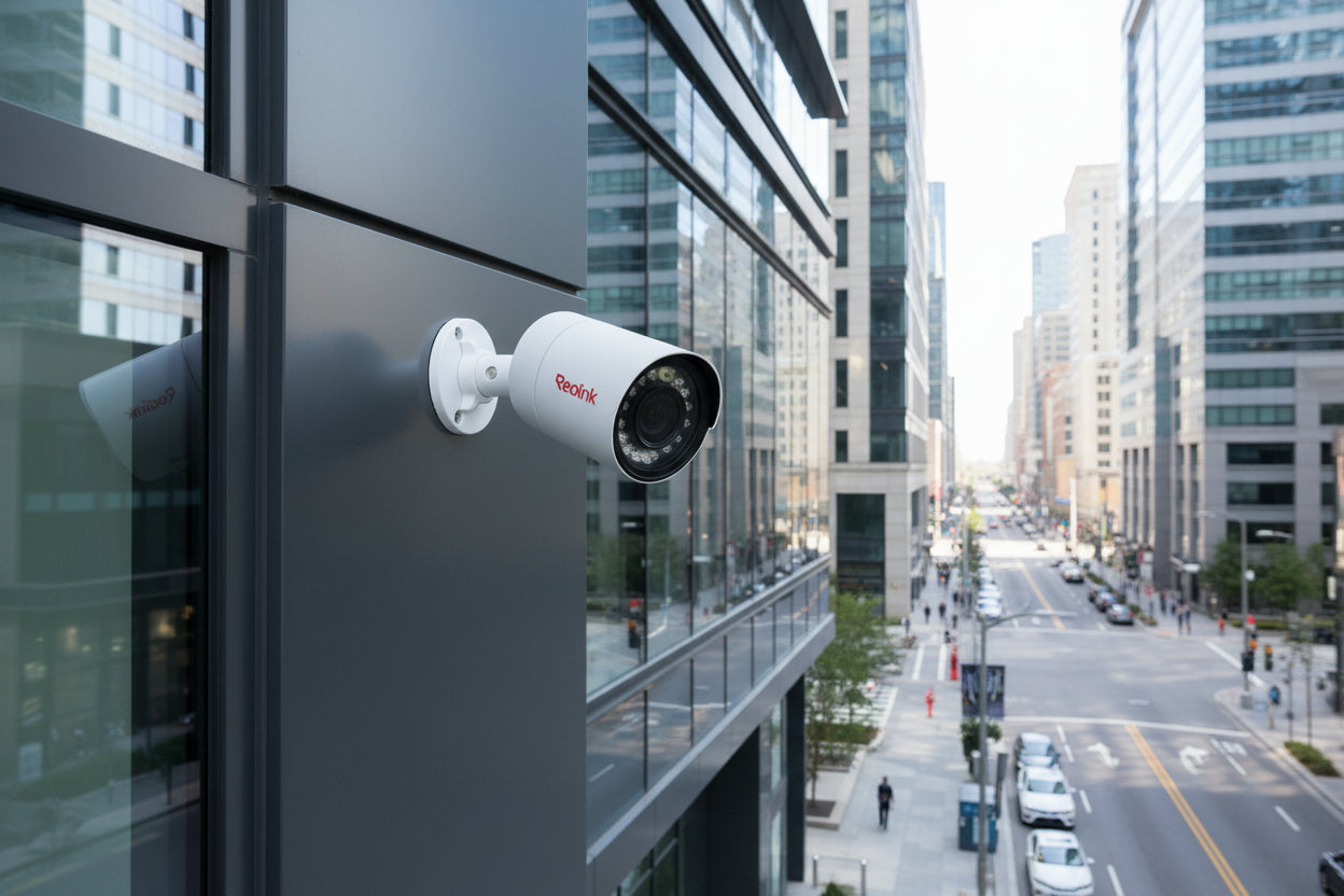 Security camera system with eight cameras and a DVR on a dark background