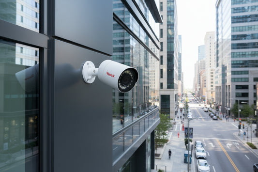 Security camera system with eight cameras and a DVR on a dark background