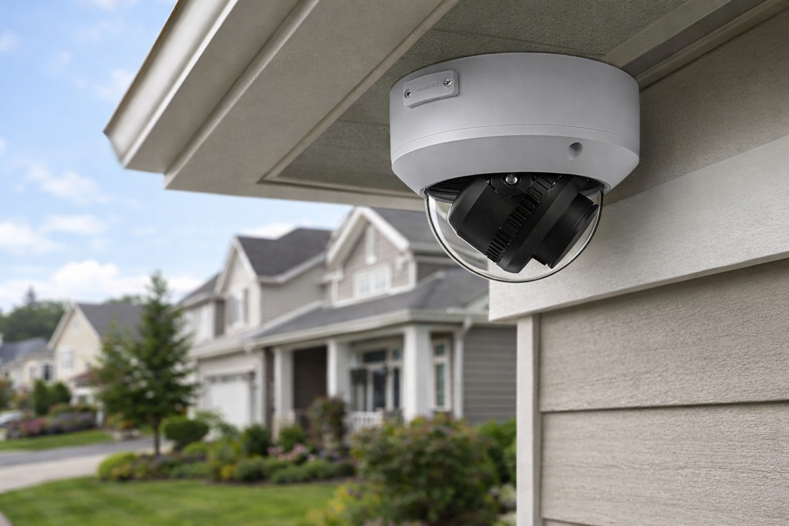 Security camera mounted on a house exterior with a residential neighborhood in the background.
