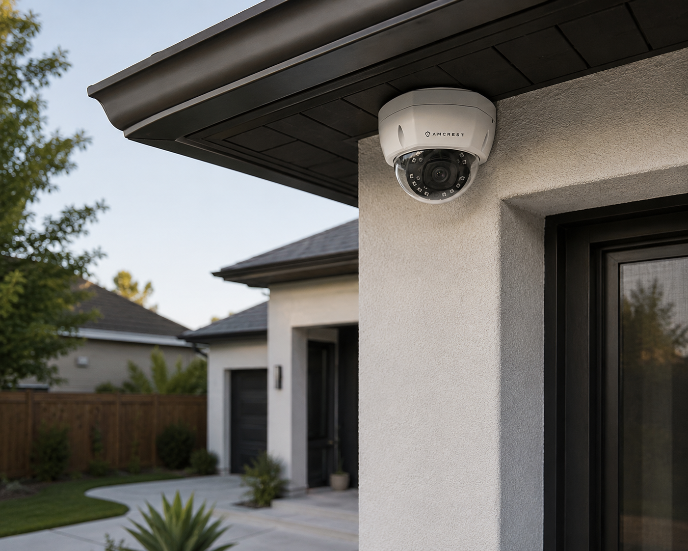 Amcrest 4K outdoor dome security camera installed under the roof eave of a modern suburban home, providing residential surveillance and property protection.