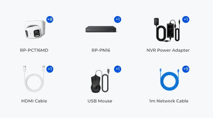 List of electronic components including a camera, power adapter, cable, and mouse on a white background.