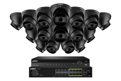 Lorex security camera system with multiple black cameras and a central control unit on a white background.