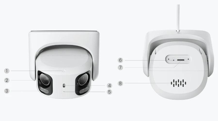 White security camera with labeled parts on a white background