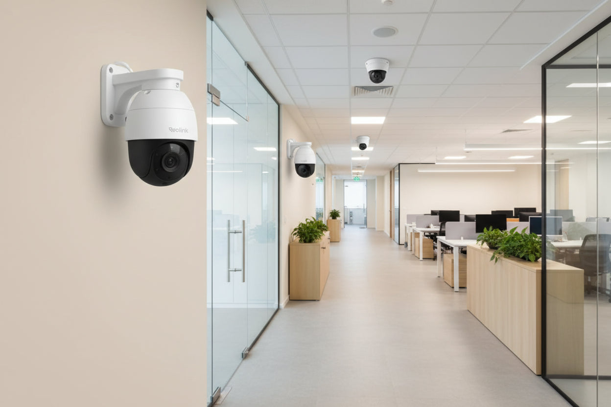 Geolink security camera with solar panel on a white background