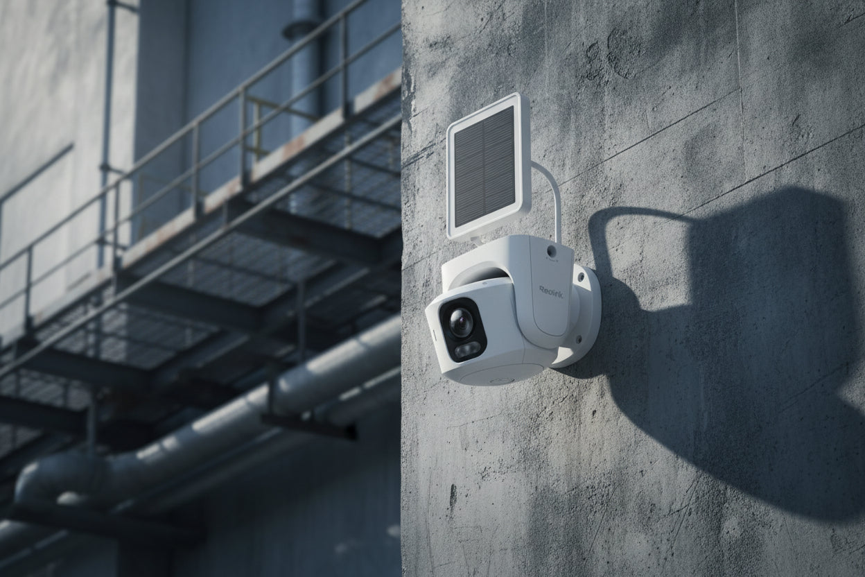 Geolink security camera with solar panel on a white background