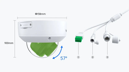 Technical diagram of a security camera with dimensions and connection points labeled.