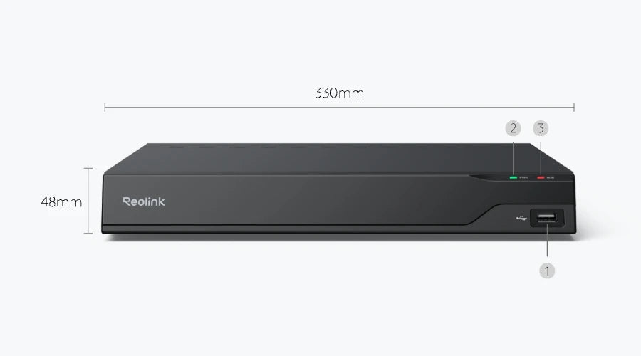 Black Redlink DVR with dimensions on a white background