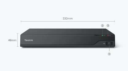 Black Redlink DVR with dimensions on a white background