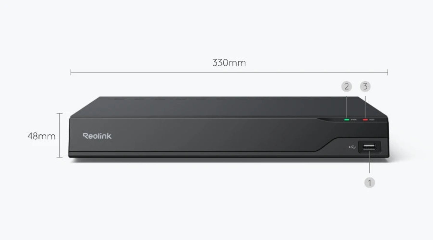 Black Redlink DVR with dimensions on a white background