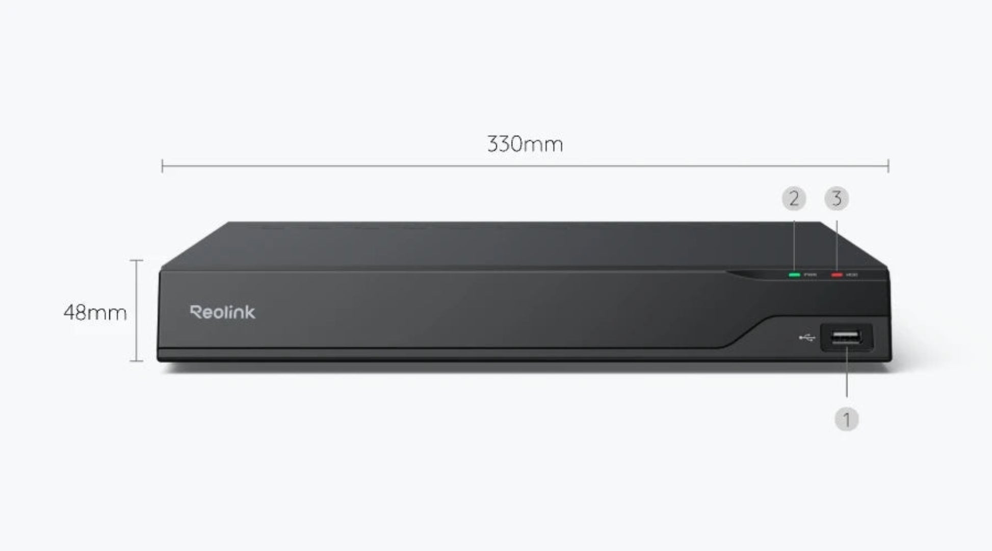 Black Redlink DVR with dimensions on a white background