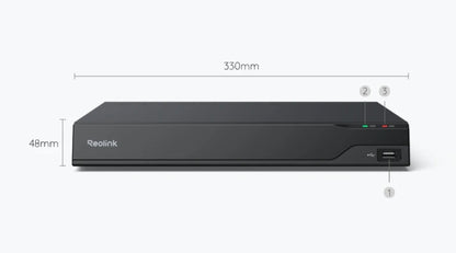 Black Redlink DVR with dimensions on a white background