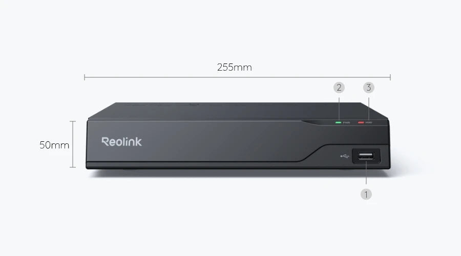Reolink security device with dimensions on a white background