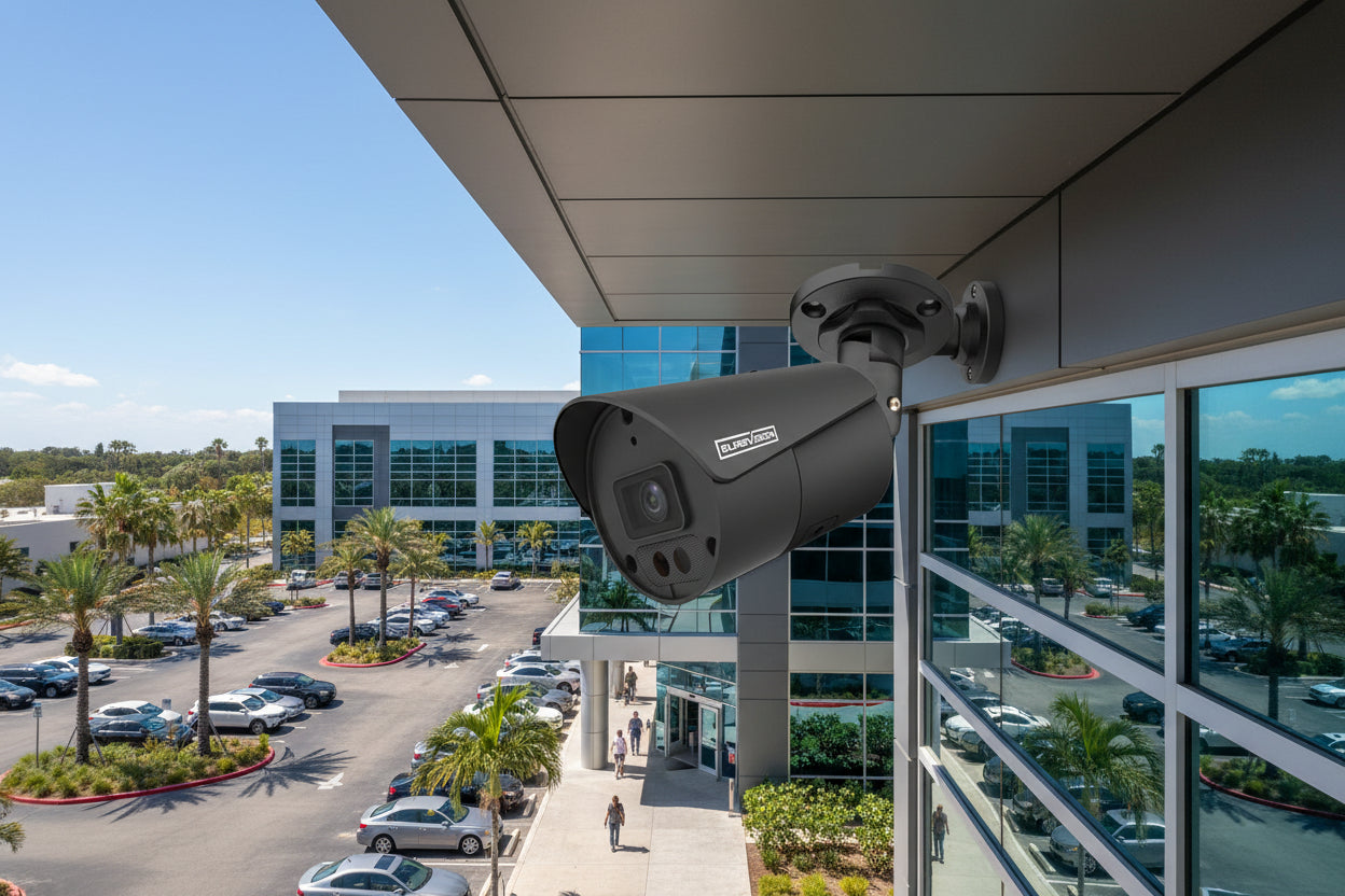 Black surveillance camera with SureVision branding on a white background