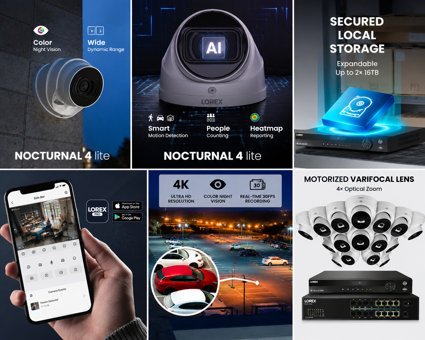 Collage of security camera system features including night vision, AI, local storage, and app control.