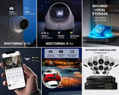 Collage of security camera system features including night vision, AI, local storage, and app control.