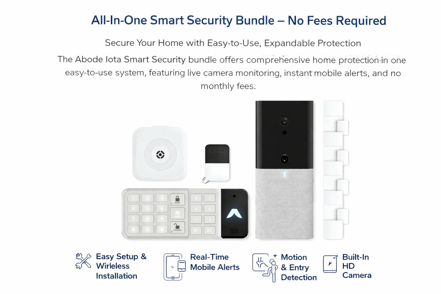 Abode iota smart security bundle with home security devices on a white background
