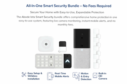 Abode iota smart security bundle with home security devices on a white background