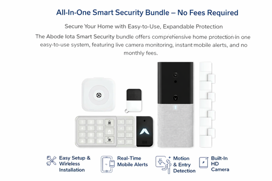 Abode iota smart security bundle with home security devices on a white background