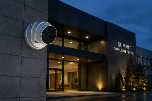 Security camera on a building exterior with 'Summit Corporate Center' signage.