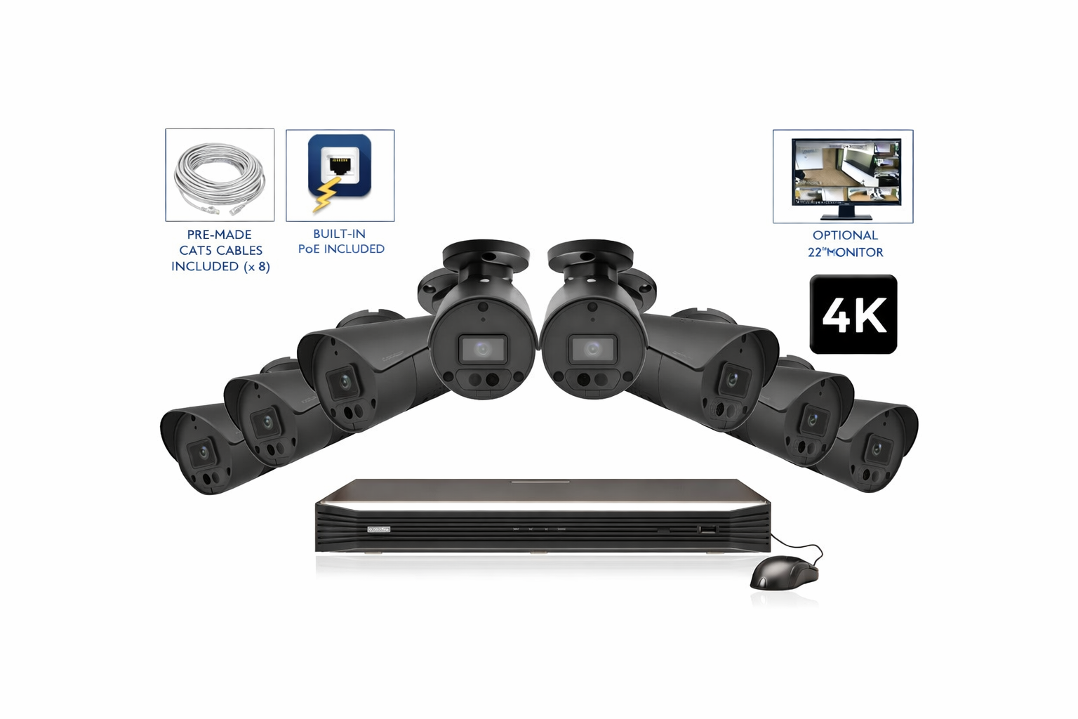 Security camera system with DVR, cables, and monitor on a white background