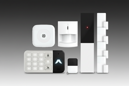 Set of security system components including a keypad, camera, and sensors on a white background