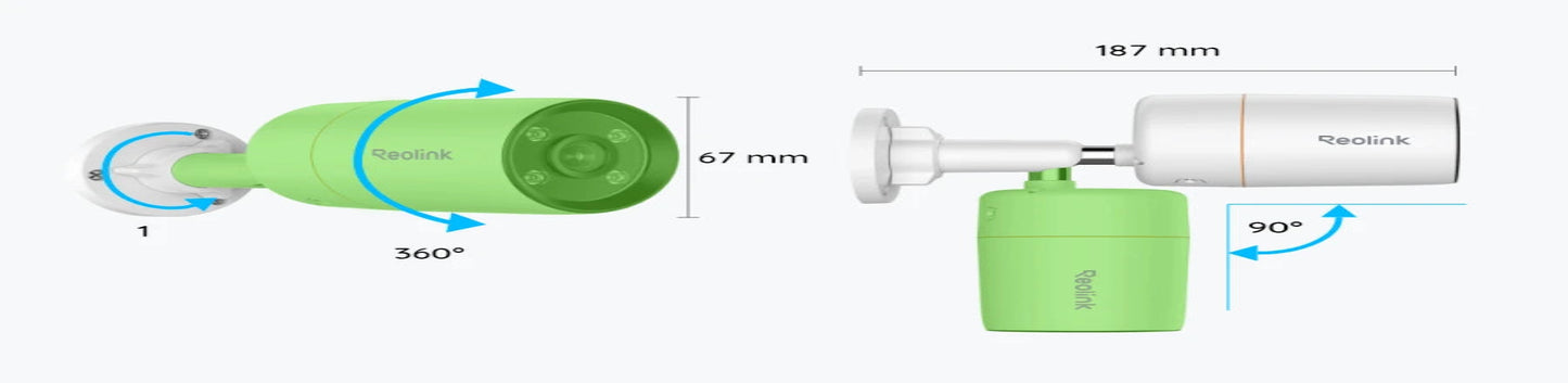 Green security camera with measurement details on a white background